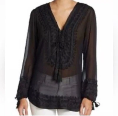 Blusa Calypso St. Barth Negra 100% Seda Manga Larga Borla Bordada Talla Grande Foto 1 de 4