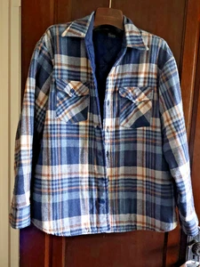 Vintage 70s Sears Flannel Shirt Mens LARGE  Plaid Blue Quilted Lined Perma Prest - Picture 1 of 7