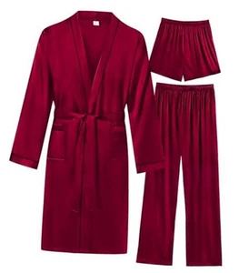 Mens 3 PCS Satin Robe with Pants & Shorts Set Kimono Bathrobe Long Sleeve - Picture 1 of 6