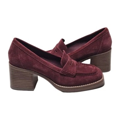 Zapatos de salón Chocolat Azul Ireve Bordo Gamuza Cuero Penny Mocasín Tacón Bloque Talla 8 Foto 1 de 4