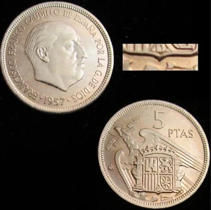 *GUTSE* FRANCO-890, 5 PESETAS 1957*73, ERROR (4c), REPINTE BAJO ESCUDO, S/C. - Bild 1 von 1