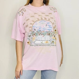 Vintage 90s Single Stitch Hand Painted Pink Short Sleeve T-Shirt Beach Cottage - Picture 1 of 11