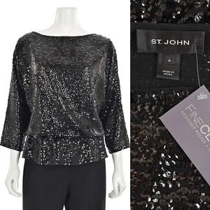 *SPARKLY!* St. John Knits Black Sequin Blouson Blouse sz P Dressy Evening Wear - Picture 1 of 8