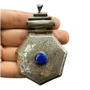 Antiker Lapislazuli Intarsien Blume graviert Silber Achteck Anhänger Naher Osten - Bild 1 von 4
