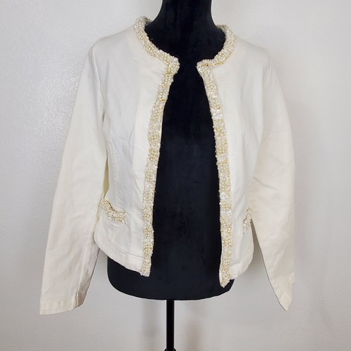 OFF WHITE Giacca Lauren Vidal senza colletto aperto davanti bianco sporco denim perline taglia M