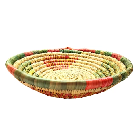 Natural Handwoven Coiled Basket Tray with Pink, Green & Yellow Accents Can Hang Cover