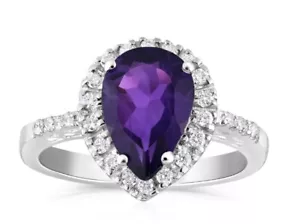9ct White Gold 0.18ct Diamond and 1.60ct Amethyst Ring Pear Teardrop Size K - Q - Picture 1 of 4