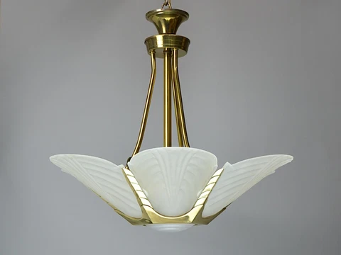 French Art Deco Slip Shade Brass Chandelier, Frosted Glass Statement Lighting Cover