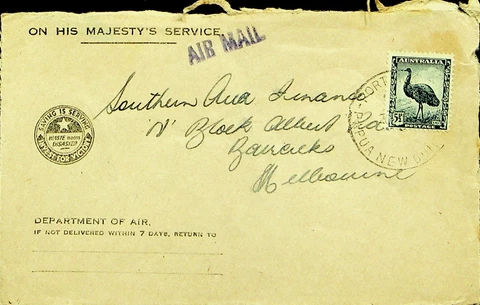 SEPHIL AUSTRALIA 5½d ON HMS AIRMAIL COVER PAPUA NEW GUINEA TO MELBOURNE Cover