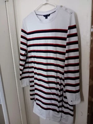 Tommy Hilfiger Women's Large Striped Red White Blue 3 Buttons Long Sleeve Dress - Image 1 of 4
