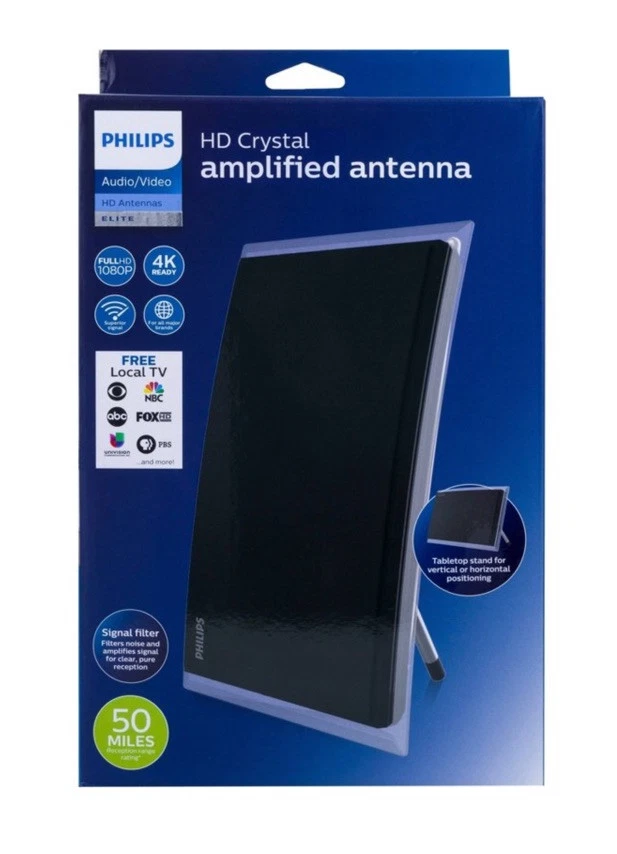 Philips Crystal HD Indoor Amplified TV Antenna Try Amp Technology 50 Miles 1080p