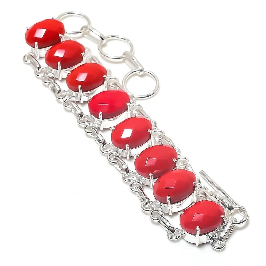 Brazalete de joyería de plata de ley 925 hecho a mano con piedras preciosas de coral rojo 7-8" Foto 1 de 1