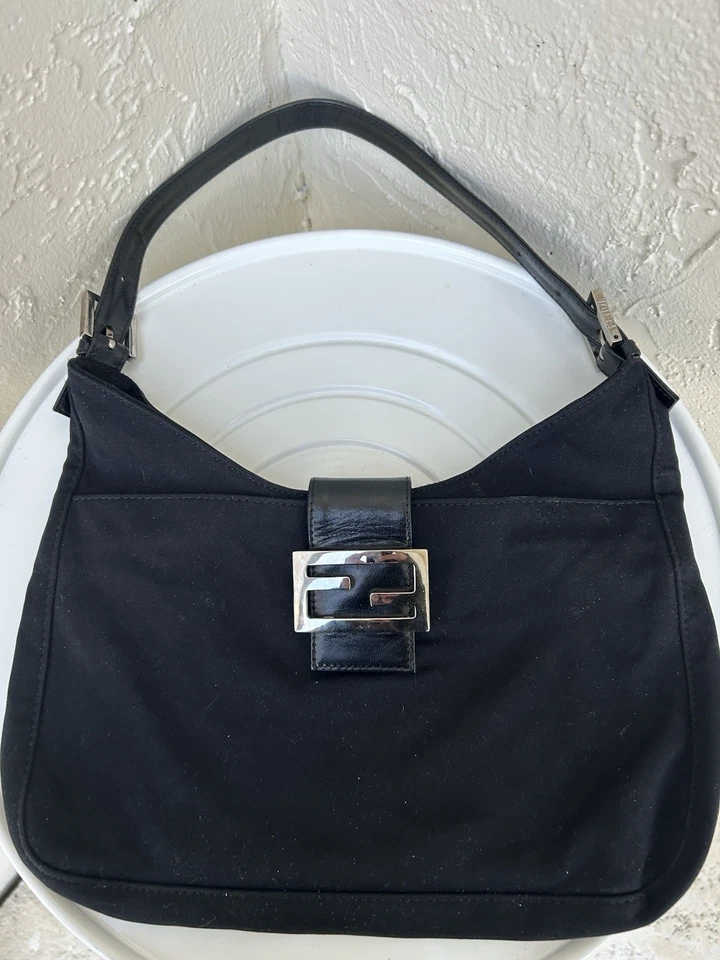 Fendi shoulder bag in black cotton canvas with a black leather closure and silve - Image 1 of 4