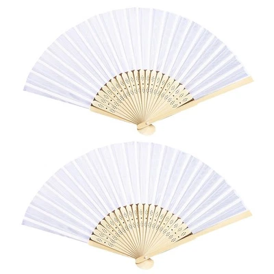 白色折叠风扇,女式手扇,可折叠竹扇丝绸织物 — 第 1/4 张图片