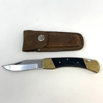 Cuchillo Lockblade con mango de madera y latón vintage con funda de cuero hecho en Pakistán Foto 1 de 4