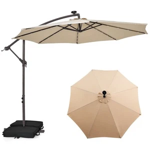 Patio 10FT Hanging Offset Umbrella 32 LED Lights Sand Bag Outdoor Cross Base - Picture 1 of 10