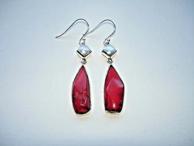 AB Red Bamboo Coral White Pearl ONE-OF-A-KIND 925 Sterling Silver Earrings 2.25" - Imagem 1 de 4