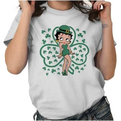Betty Boop St Patrick's Day Four Leaf Clover Womens Graphic Crewneck T Shirt Tee - Image 1 of 4