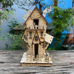 23cm Mini Halloween Haunted House Wooden Dollhouse Cottage Kid Puzzle Gift Decor - Picture 1 of 3