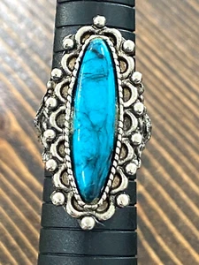 Turquoise Oval Ring with Floral Band Size 8 Adjustable Navajo Inspired Vintage - Picture 1 of 7