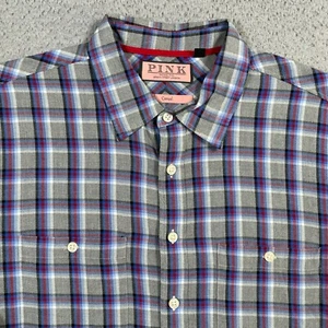 Thomas Pink Shirt Men's Large Button Up Long Sleeve Plaid Check Casual Cotton - Picture 1 of 13