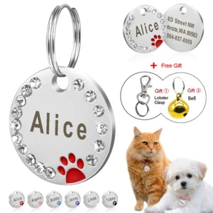 Dog Tags Personalized ID Name Engraved Pet Cat Dog Bling Rhinestone Cute Paw Tag - Picture 1 of 17