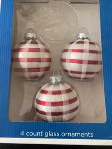 3 Christmas Glass Ball Ornaments Matte Red White Stripe Plaid Glitter Candy Cane - Picture 1 of 13