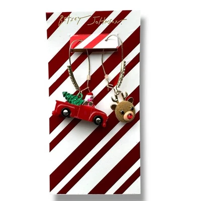 BETSEY JOHNSON Santa Truck & Reindeer Mismatch Drop Crystal Enamel Earrings NWT - Image 1 of 2