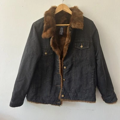 Denim & Co Faux Fur Lined Coat Womens Large Dark Wash Pockets Button Front - Image 1 of 4