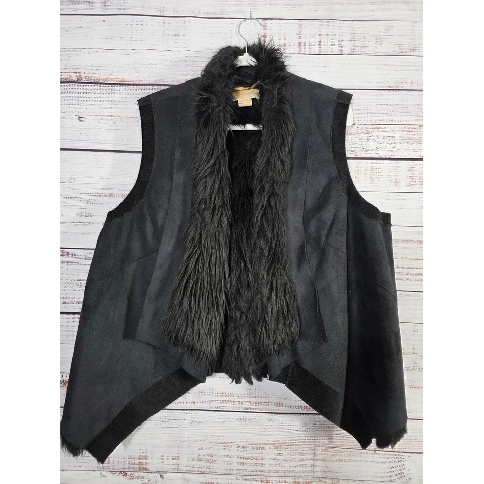Michael Kors Women's Faux Suede Fur Vest Black Sleeveless Open Front Waterfall - Image 1 of 4