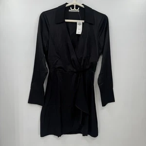 ABERCROMBIE & FITCH Long-Sleeve Satin Drapey Shirt Dress Black - Picture 1 of 11