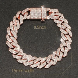 15MM Rose/White Gold Plated Stainless Steel Ice CZ Out Miami Cuban Link Bracelet - Picture 1 of 14
