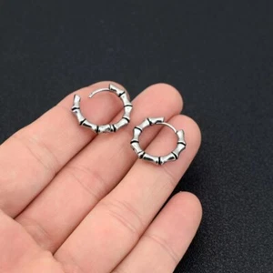 Men's Unisex Surgical Steel Round Silver Huggie Hoop Earrings Punk Biker Jewelry - Picture 1 of 4