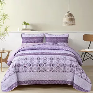 WONGS Boho Trapunta Completo Queen King Set, Patchwork a Righe Viola, Microfibra - Foto 1 di 7