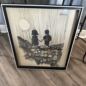 Mid Century Modern 1969 Aldo Luongo Charcoal Lithograph Print Holding Hands - Bild 1 von 8