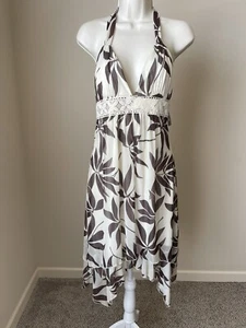 Trixxi Women’s Brown Leaves Print Sleeveless V-Neck Asymmetrical Summer Dress M - Picture 1 of 9