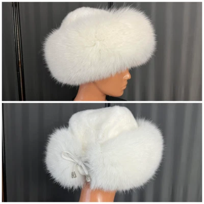 Sombrero de piel de zorro real con forro satinado (pieles de saga) (ajustable) Foto 1 de 4