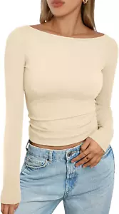 Women'S Boat Neck Tops Long Sleeve Shirts Casual Fitted Tee Shirts Solid Color F - Picture 1 of 12