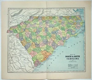 North & South Carolina - Original 1891 Map by Hunt & Eaton. Antique - Picture 1 of 4