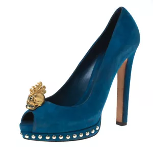 Alexander McQueen Blue Suede Crystal Embellished Skull Peep Toe Platform Pumps - Picture 1 of 8