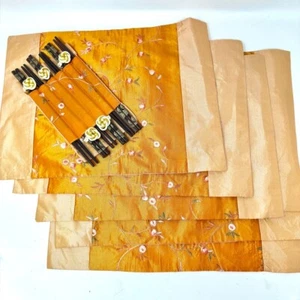 Set of 6 Chinese Silk TABLE PLACEMATS & CHOPSTICKS Orange & Flowers - Nearly New - Picture 1 of 7