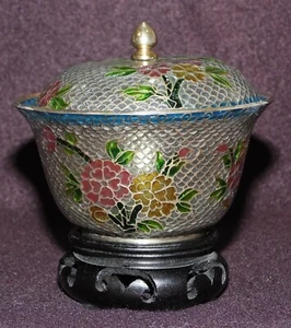 Vintage chinesische Plique a Jour Emaille Cloisonne Phönix Schale mit Aufsteller - Bild 1 von 12