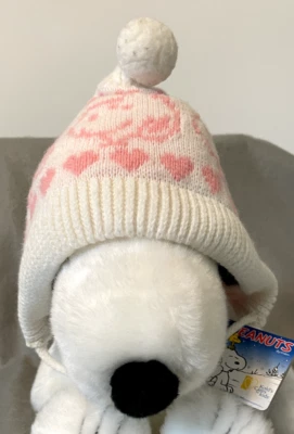 Vintage Snoopy Hearts Pink and White Knit Baby/Toddler Bonnet Hat with Ties - Image 1 of 4