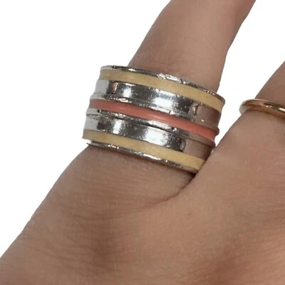 Lia Sophia Silver Tone Cigar Band Ring Pink & Yellow Stripe Enamel Size 7 Womens - Image 1 of 4