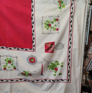 VTG Retro MCM Kitchen Tablecloth Cotton Bright Ivy Fruit Red White Black Green - Picture 1 of 6