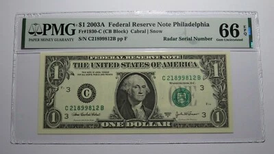 $1 2003 Radar Serial Number Federal Reserve Currency Bank Note Bill PMG UNC66EPQ - Image 1 of 3