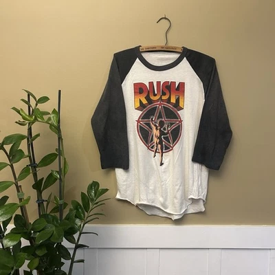 Camiseta Vintage Años 80 Banda Raglán Rush Blanca Y Gris, Súper Delgada Y Desteñida, S/M Foto 1 de 4