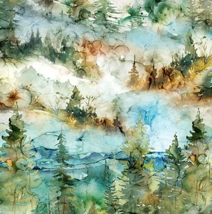 Northcott - The Great Outdoors - Mountain Scene - Teal Multi, Fabric BTY - Picture 1 of 10