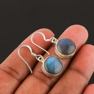 Labradorite Gemstone Earring 925 Sterling Silver Handmade Jewelry- 1.40" - Image 1 of 2