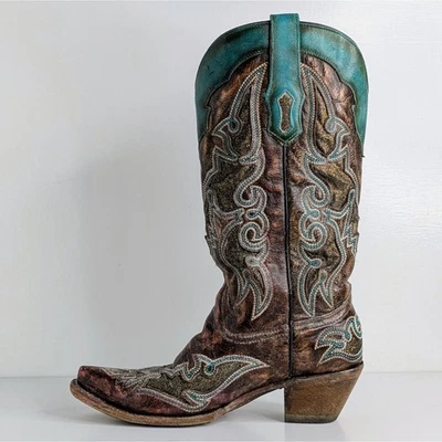 CORRAL Boots Glitter Inlay Western Cowboy Women 9.5 Brown Teal Snip Toe PC - Image 1 of 4